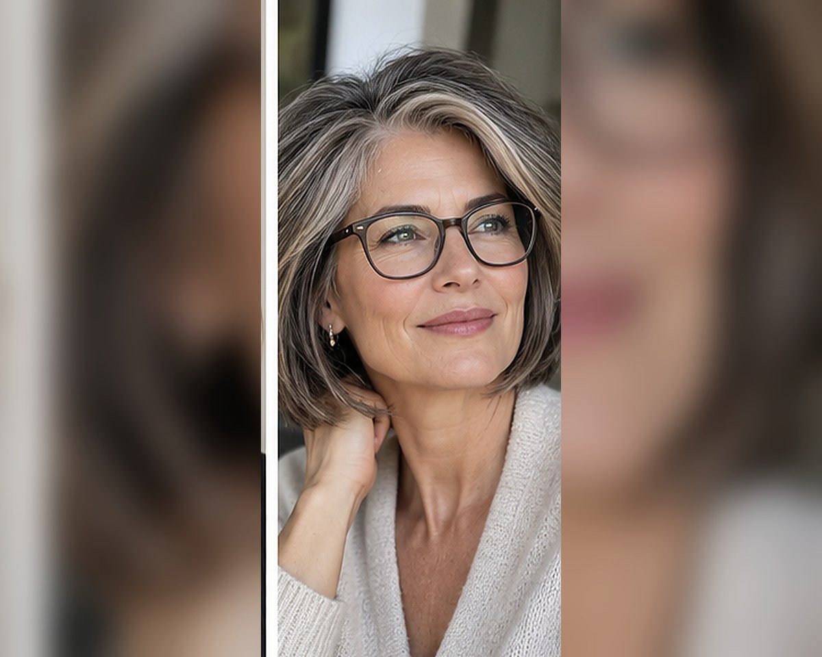 Modern haircut for a woman over 50 wearing glasses with soft face framing