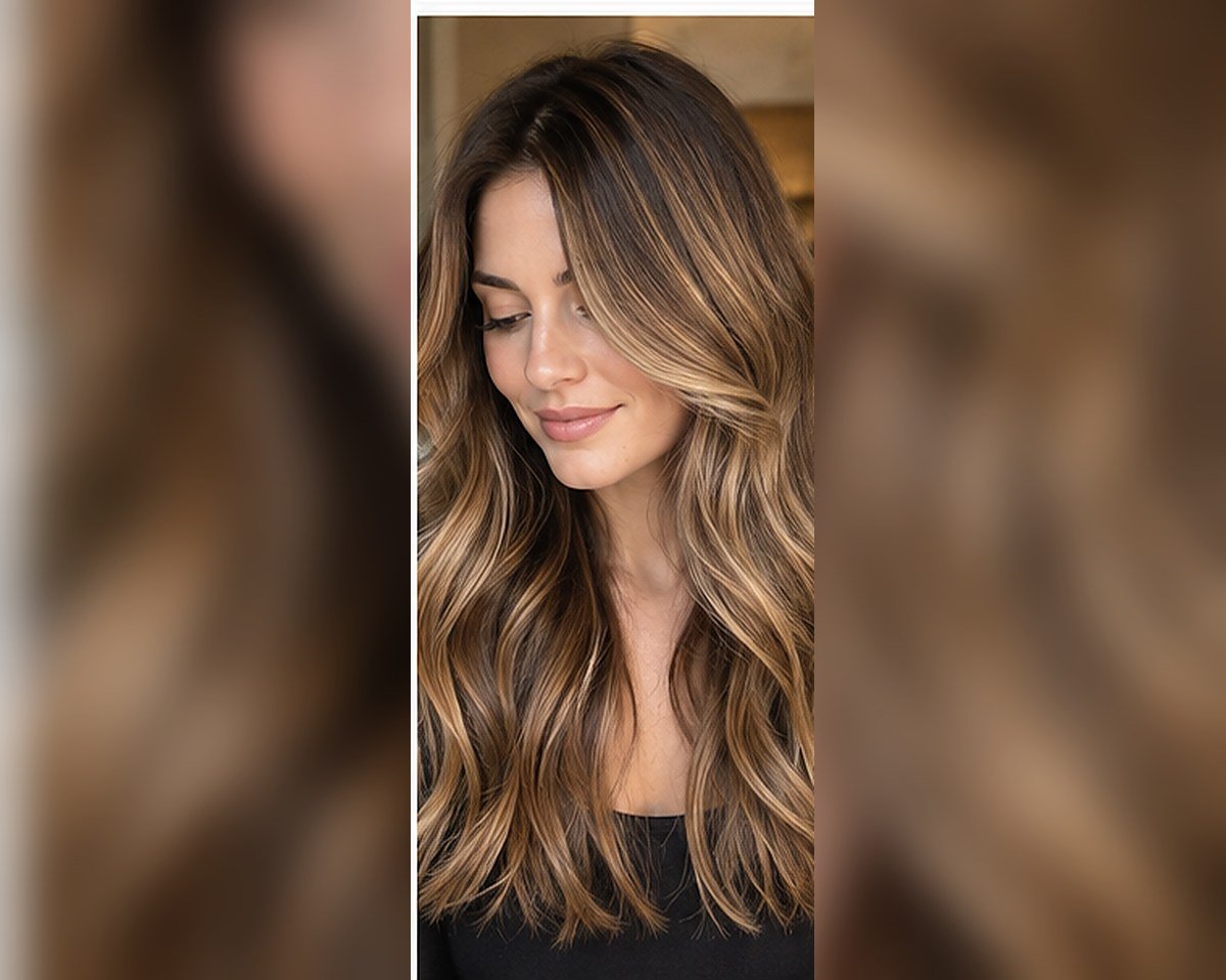 Honey brown hair color with warm dimensional brunette highlights