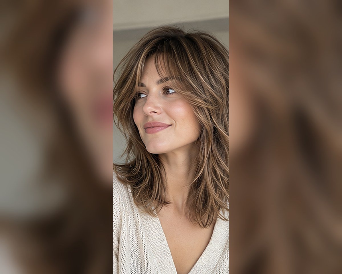 Medium shag haircut on fine hair with soft crown layers and fuller ends