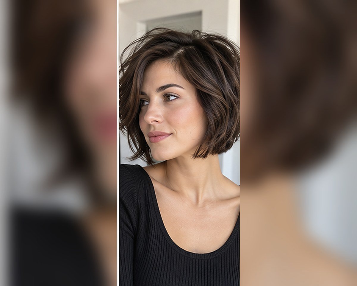 Short layered bob on thick hair with controlled volume and soft movement
