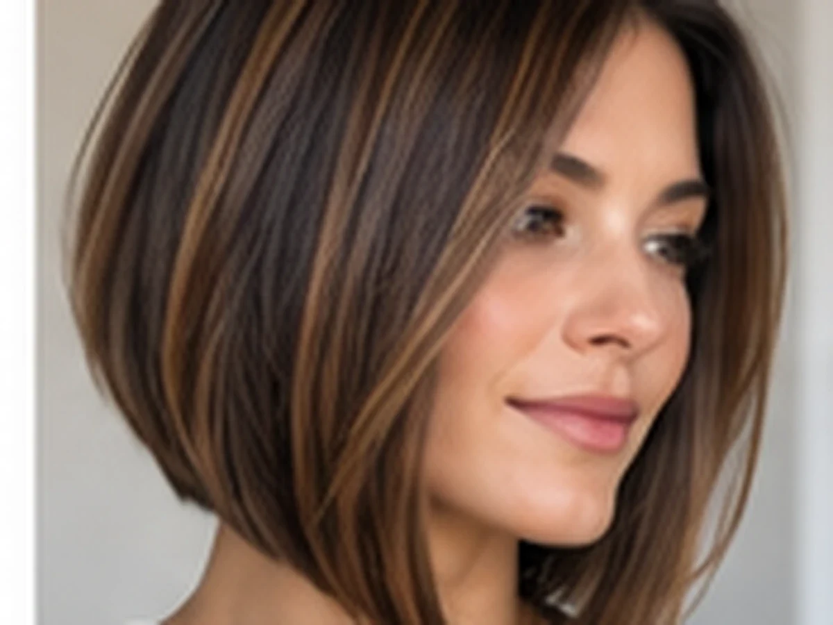 Woman with a sleek angled brunette bob that becomes longer toward the front