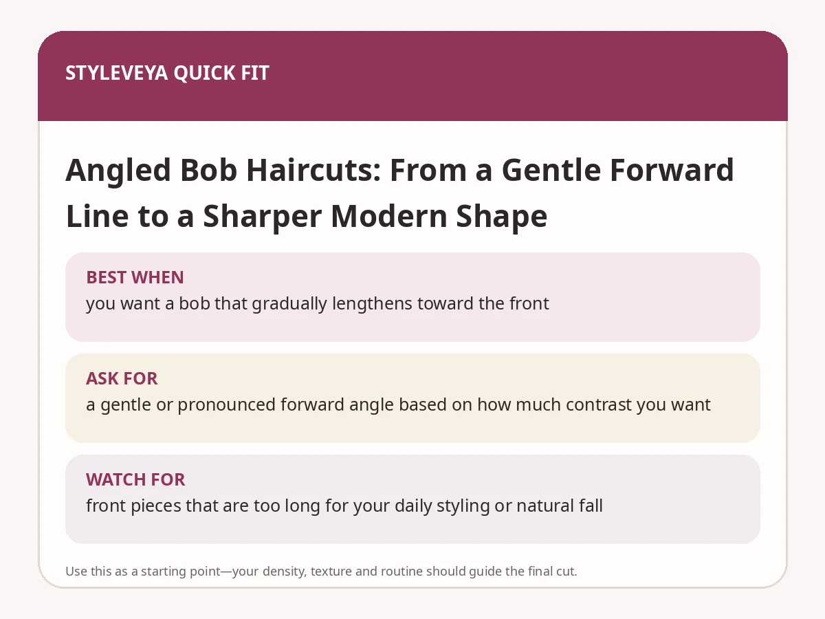 StyleVeya quick-fit summary for Angled Bob Haircuts: From a Gentle Forward Line to a Sharper Modern Shape