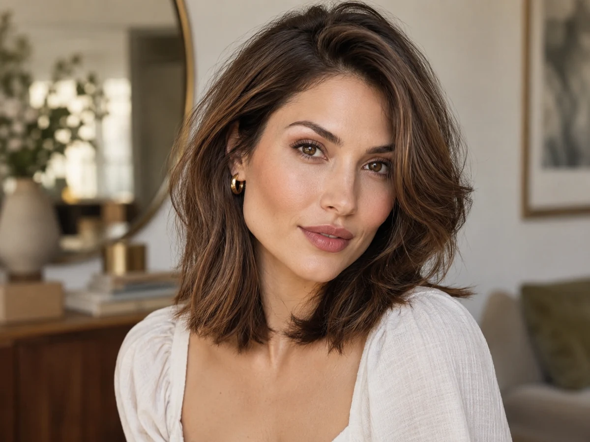Woman with a smooth brunette bob showing full, polished ends