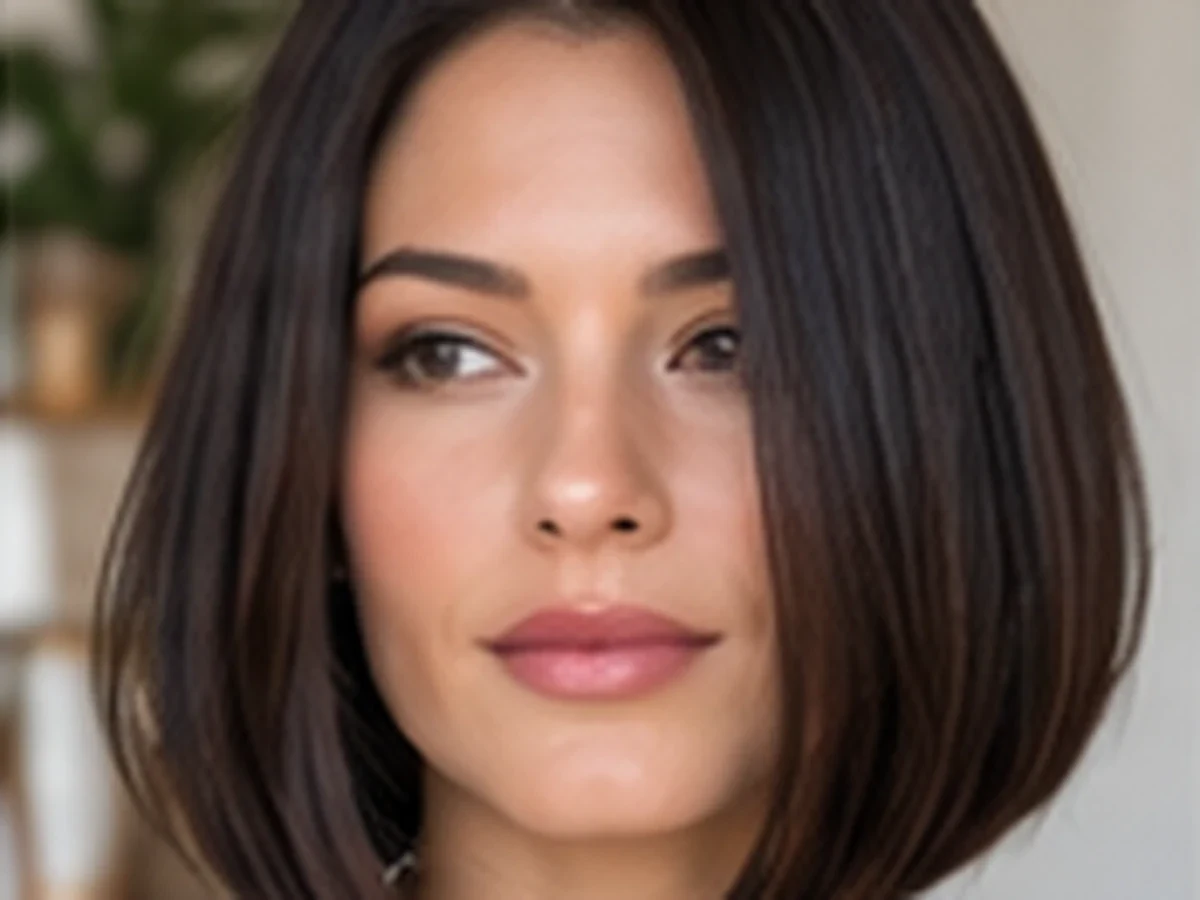 Woman with a sleek dark blunt bob and a clean one-length perimeter