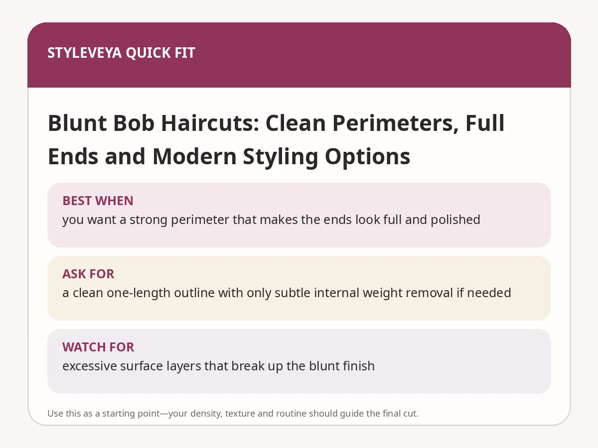 StyleVeya quick-fit summary for Blunt Bob Haircuts: Clean Perimeters, Full Ends and Modern Styling Options