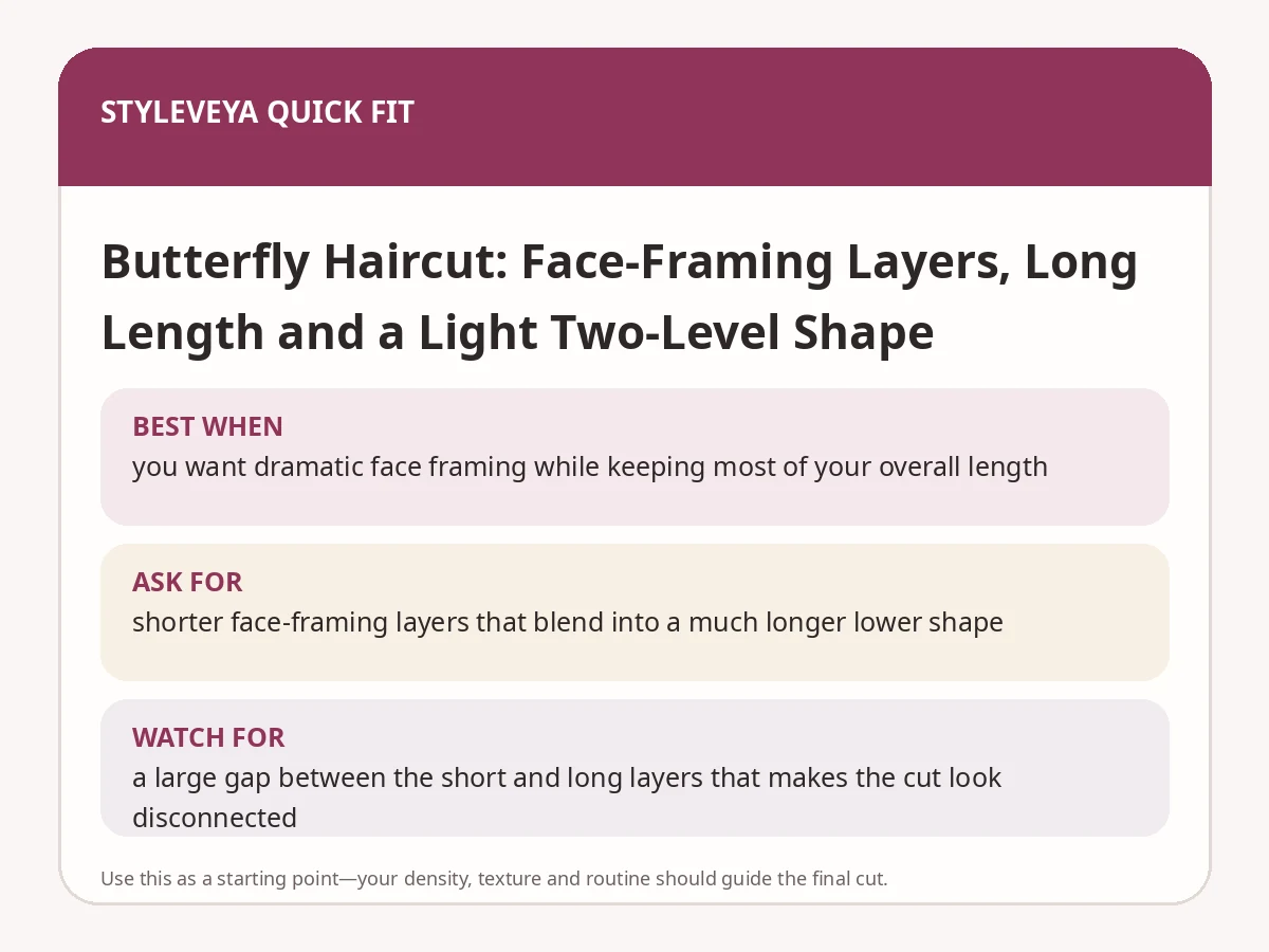 StyleVeya quick-fit summary for Butterfly Haircut: Face-Framing Layers, Long Length and a Light Two-Level Shape