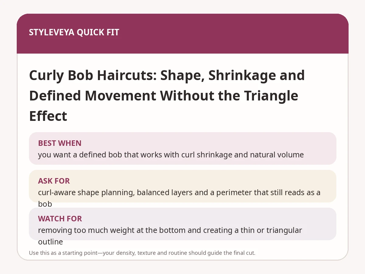 StyleVeya quick-fit summary for Curly Bob Haircuts: Shape, Shrinkage and Defined Movement Without the Triangle Effect