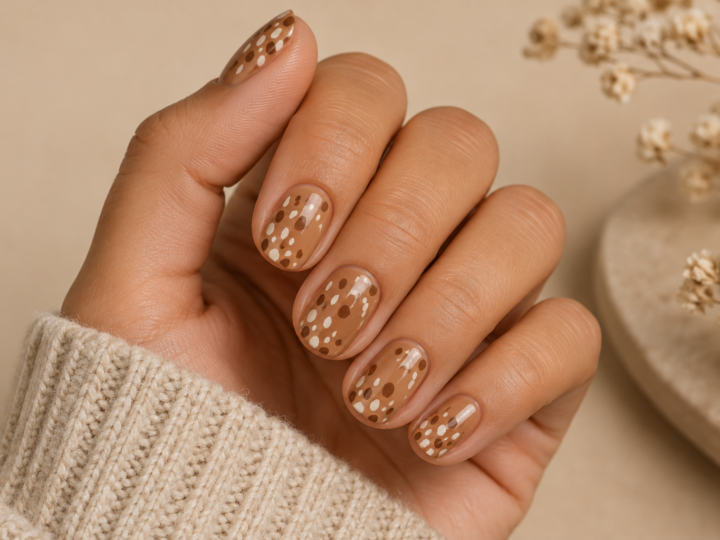Short rounded nails with a warm caramel base and soft cream and brown fawn-inspired spots