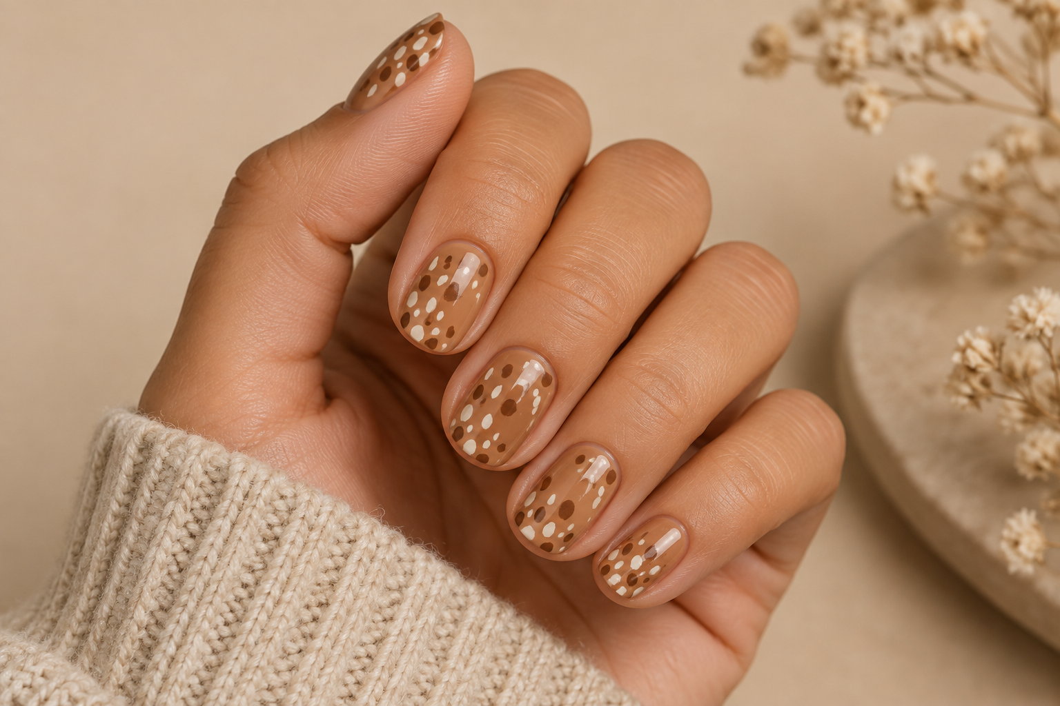 Short rounded nails with a warm caramel base and soft cream and brown fawn-inspired spots