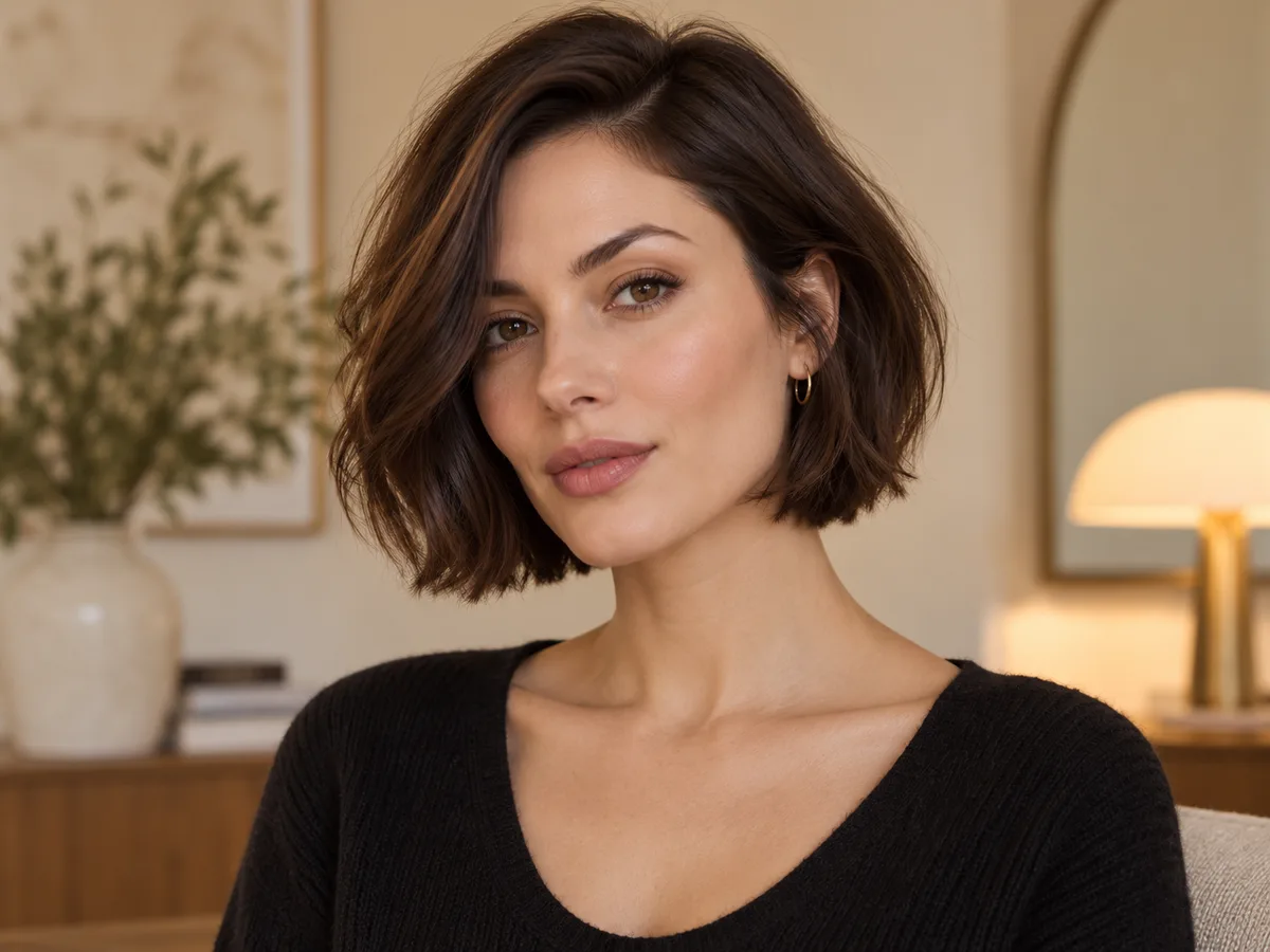 Woman with a chic jaw-length brunette French bob