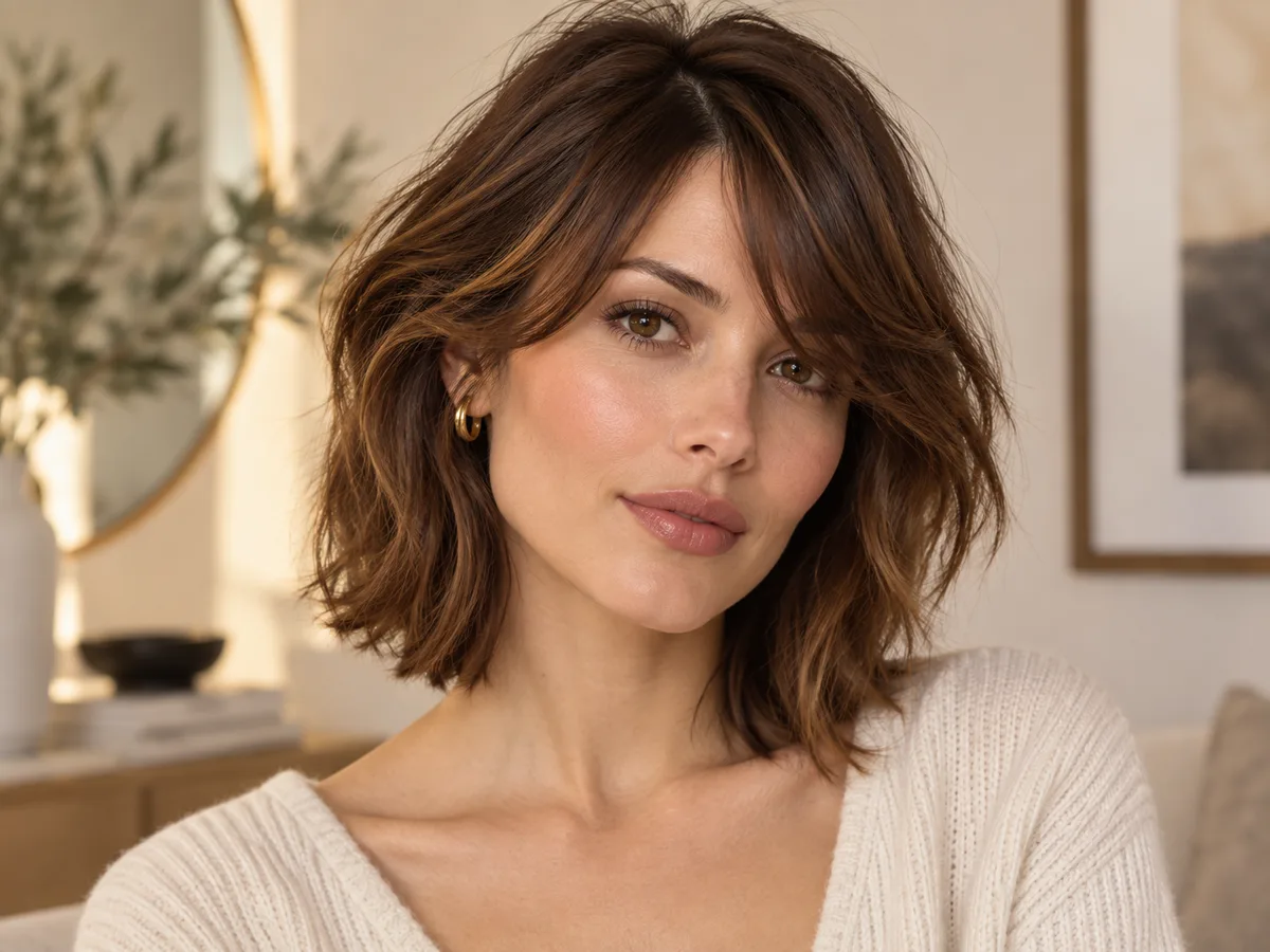 Woman with a softly textured jaw-length brunette bob