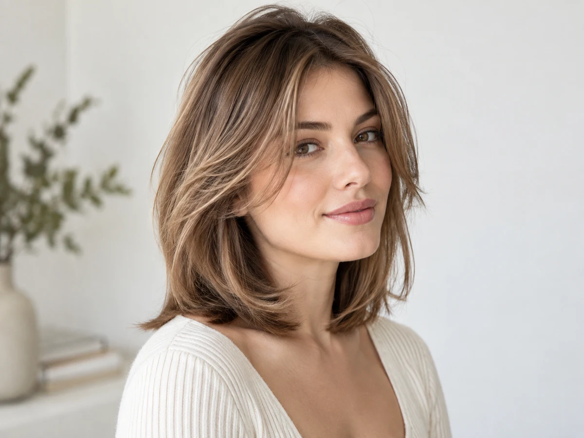 Woman with a softly layered brunette bob and light volume around the upper sides