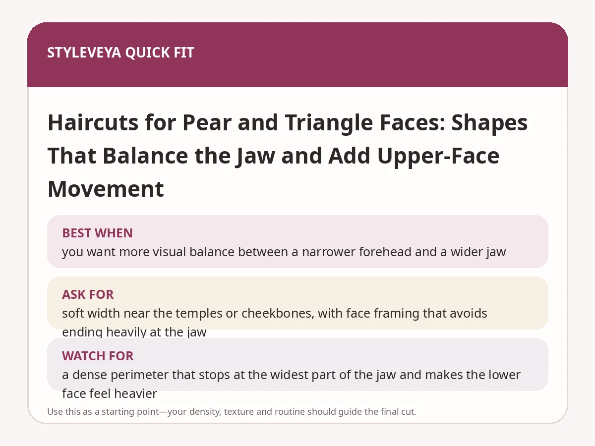 StyleVeya quick-fit summary for Haircuts for Pear and Triangle Faces: Shapes That Balance the Jaw and Add Upper-Face Movement