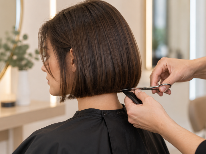 Stylist making a small maintenance trim along the clean perimeter of a jaw-length brunette bob