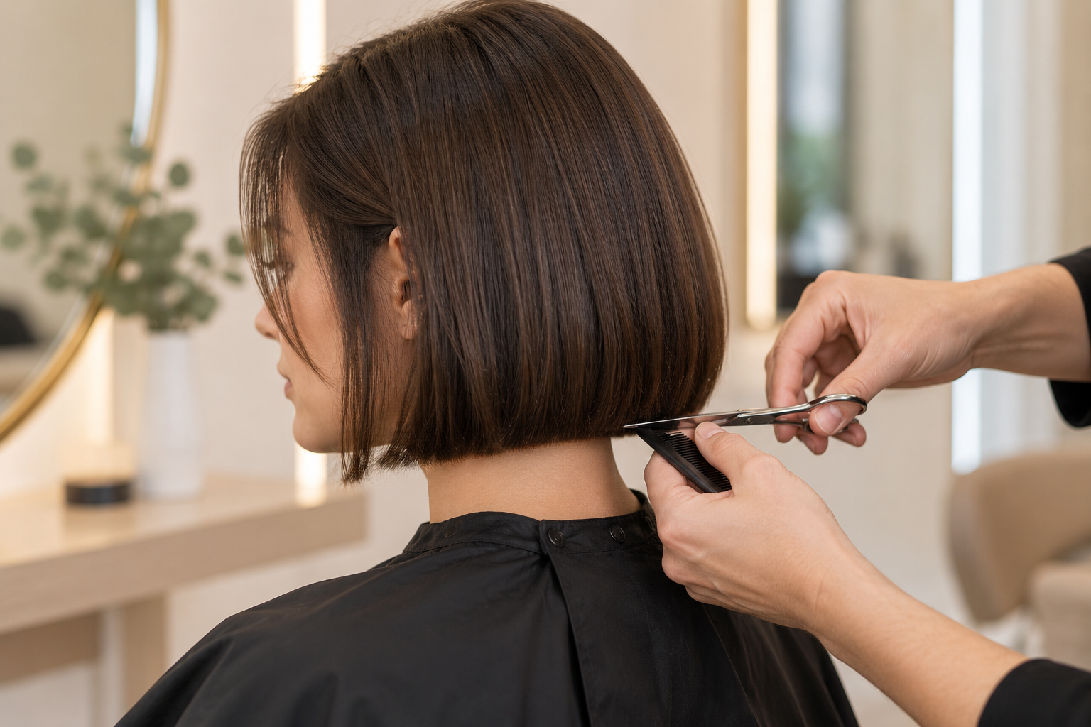 Stylist making a small maintenance trim along the clean perimeter of a jaw-length brunette bob