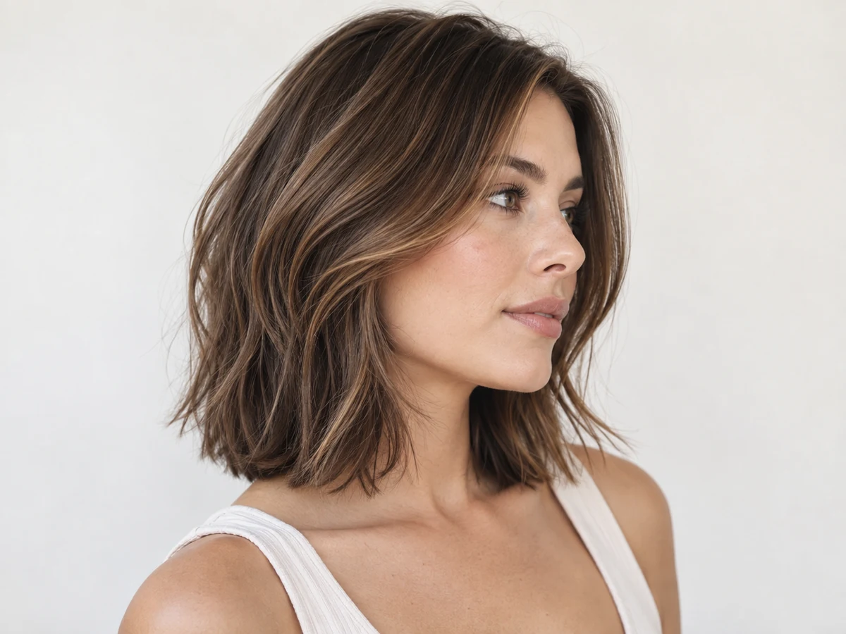 Woman with a sleek brunette inverted bob that is shorter in back and longer toward the front