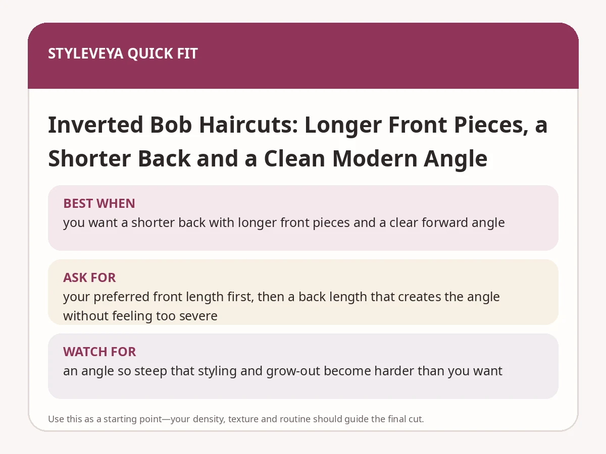 StyleVeya quick-fit summary for Inverted Bob Haircuts: Longer Front Pieces, a Shorter Back and a Clean Modern Angle