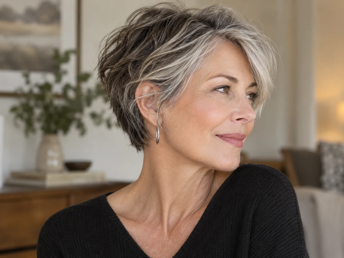 Mature woman with a short silver layered cut and controlled texture