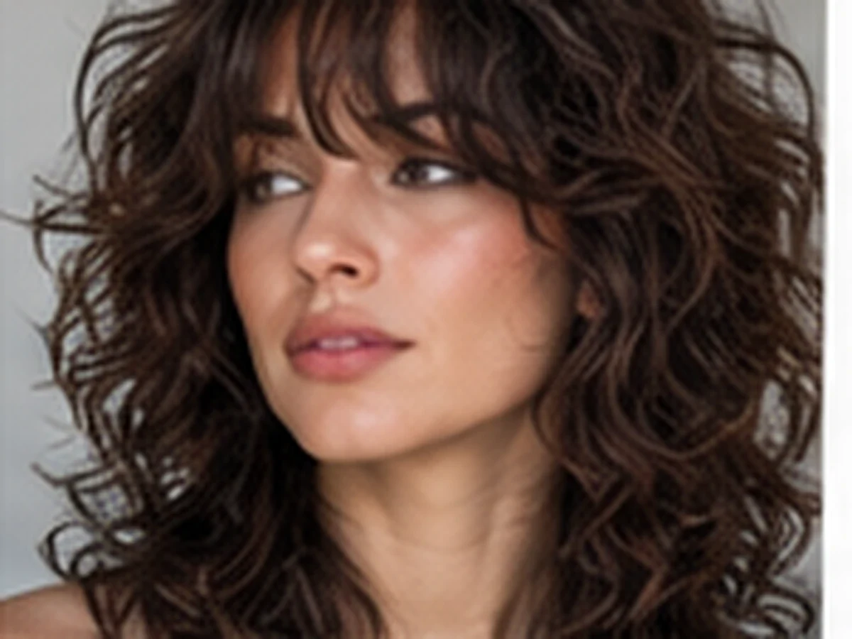 Woman with long defined dark curls and a balanced layered silhouette