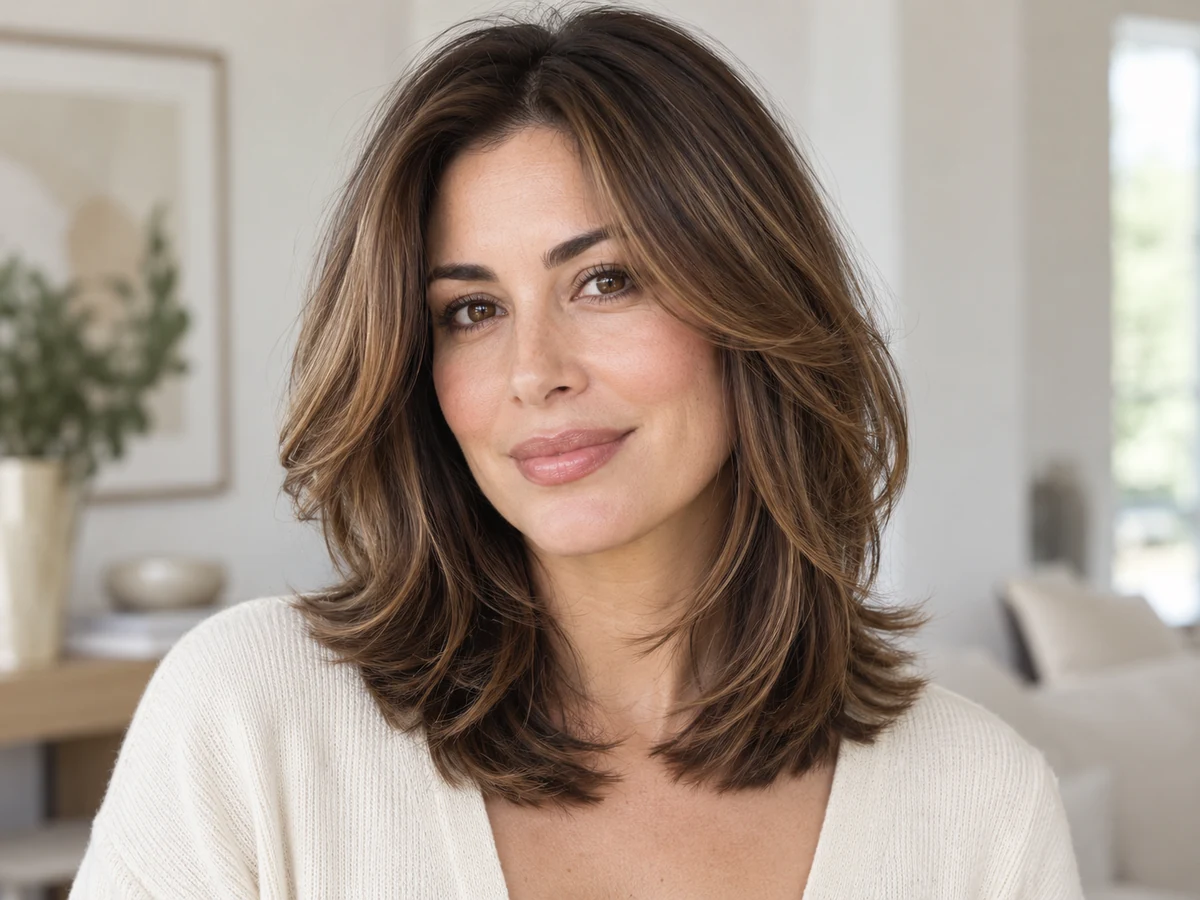 Woman with long wavy brunette hair and a balanced layered shape