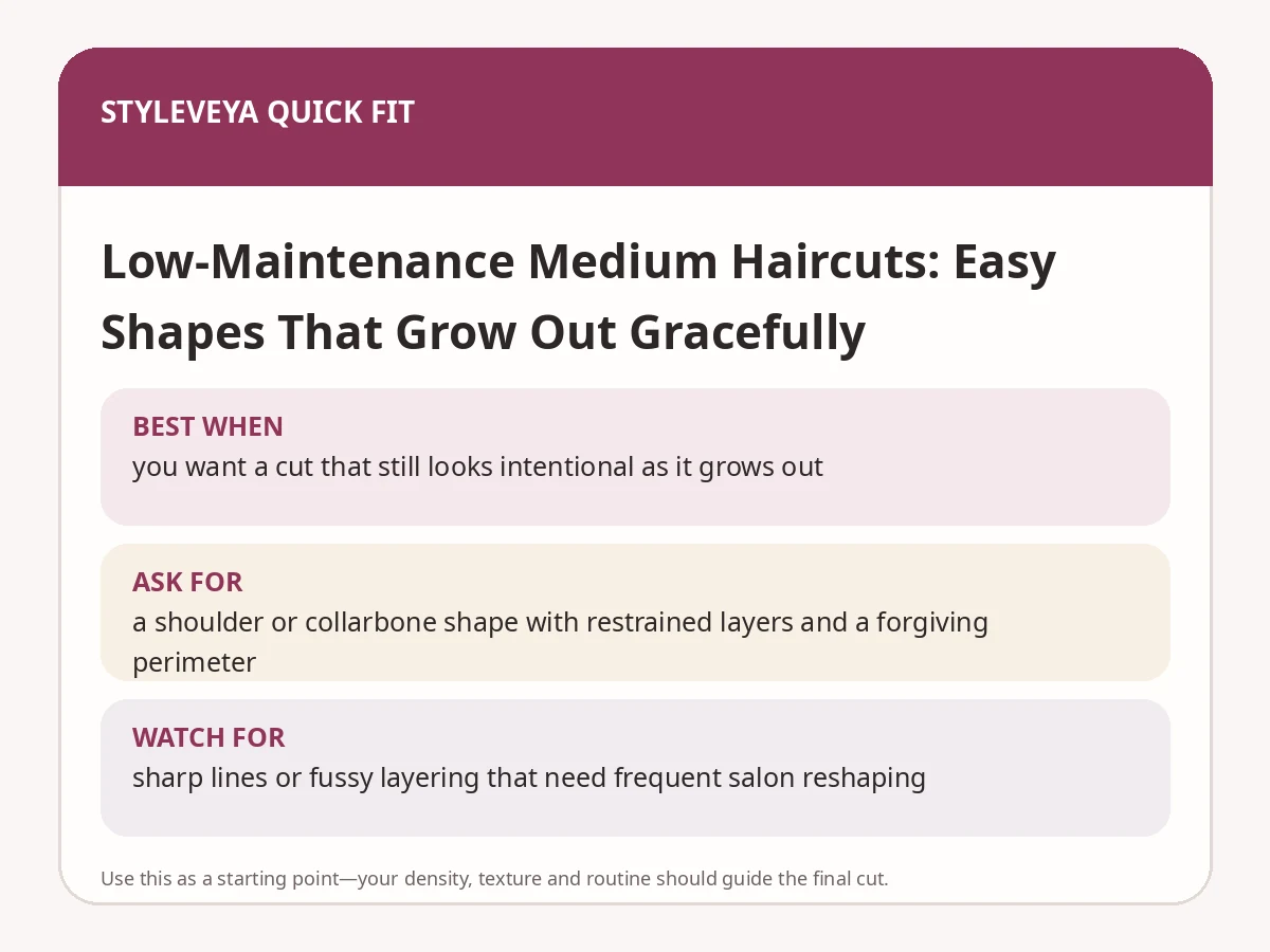 StyleVeya quick-fit summary for Low-Maintenance Medium Haircuts: Easy Shapes That Grow Out Gracefully
