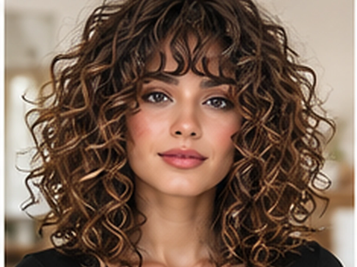 Medium curly haircut with soft curly fringe and cheekbone framing