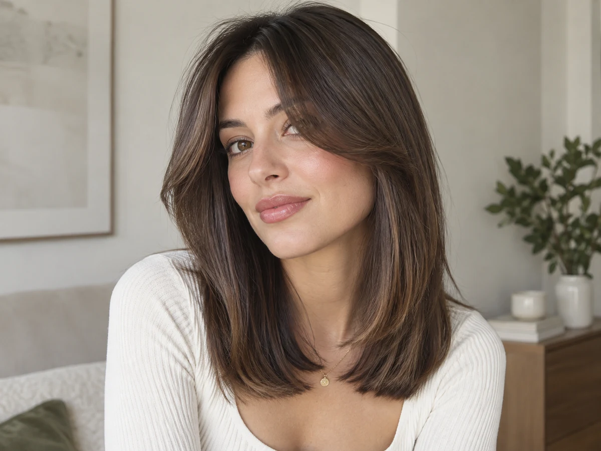 Woman with a medium layered brunette cut shaped for wavy texture