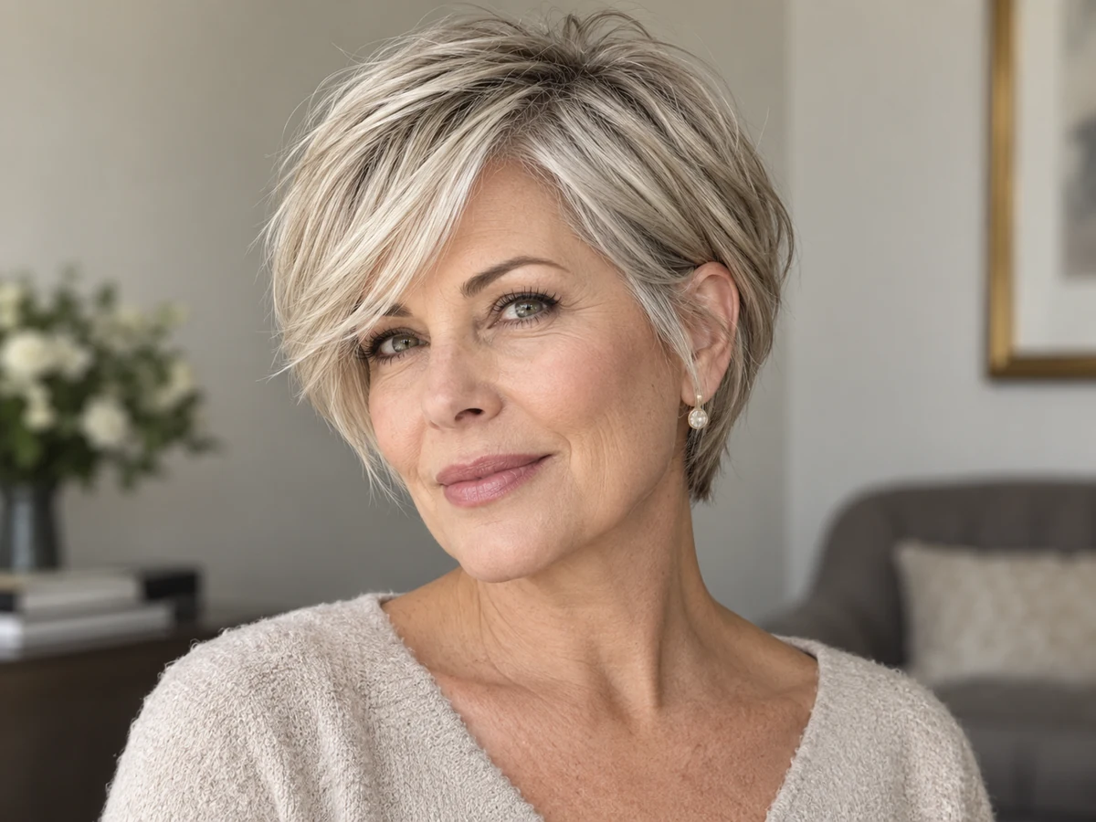 Mature woman with a polished silver-blonde medium haircut and face framing