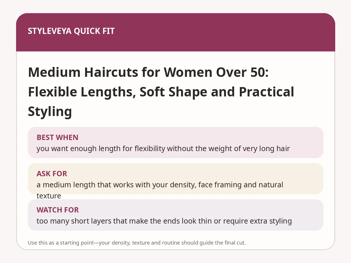StyleVeya quick-fit summary for Medium Haircuts for Women Over 50: Flexible Lengths, Soft Shape and Practical Styling