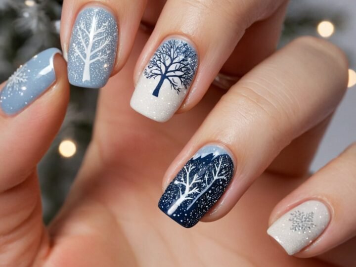Blue and white nail art on natural-length nails used as minimal nail-art inspiration
