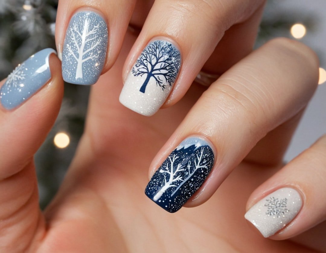Blue and white nail art on natural-length nails used as minimal nail-art inspiration