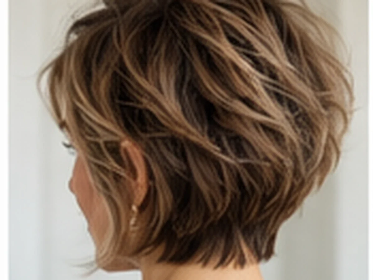 Back and side view of a short layered pixie-shag with extended nape