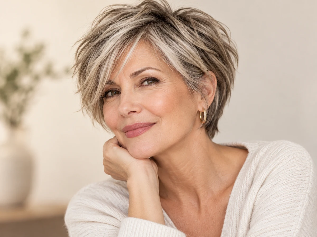 Mature woman with a textured pixie-shag shape and soft layered crown