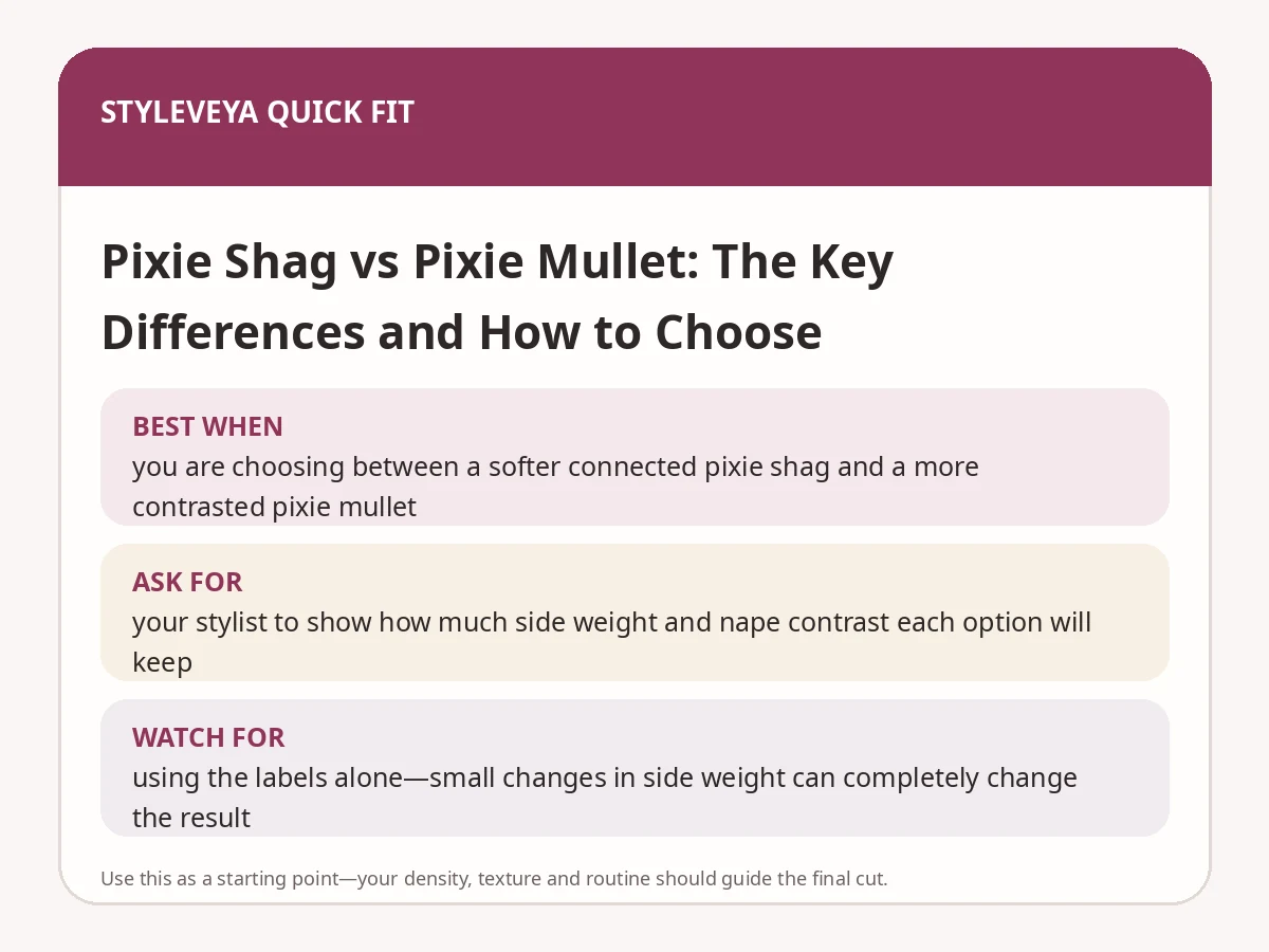 StyleVeya quick-fit summary for Pixie Shag vs Pixie Mullet: The Key Differences and How to Choose