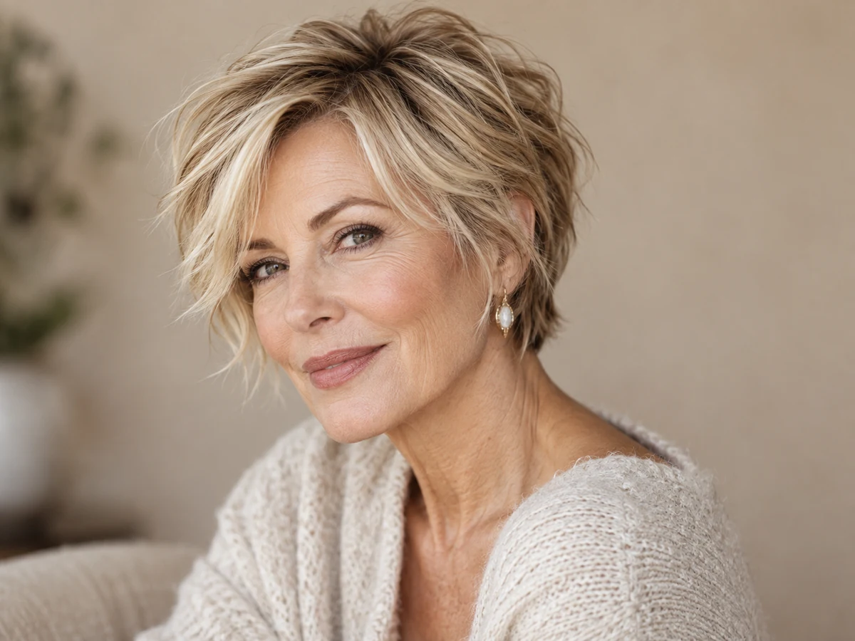 Woman with a short layered blonde pixie and soft shaggy movement