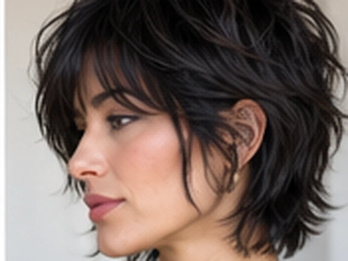 Woman with a short shag haircut and an extended textured nape