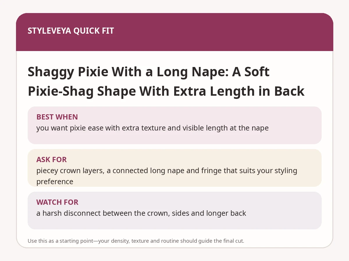 StyleVeya quick-fit summary for Shaggy Pixie With a Long Nape: A Soft Pixie-Shag Shape With Extra Length in Back