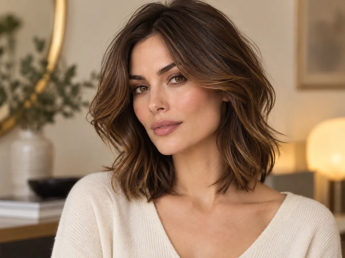 Woman with a shoulder-length brunette cut and a strong full perimeter