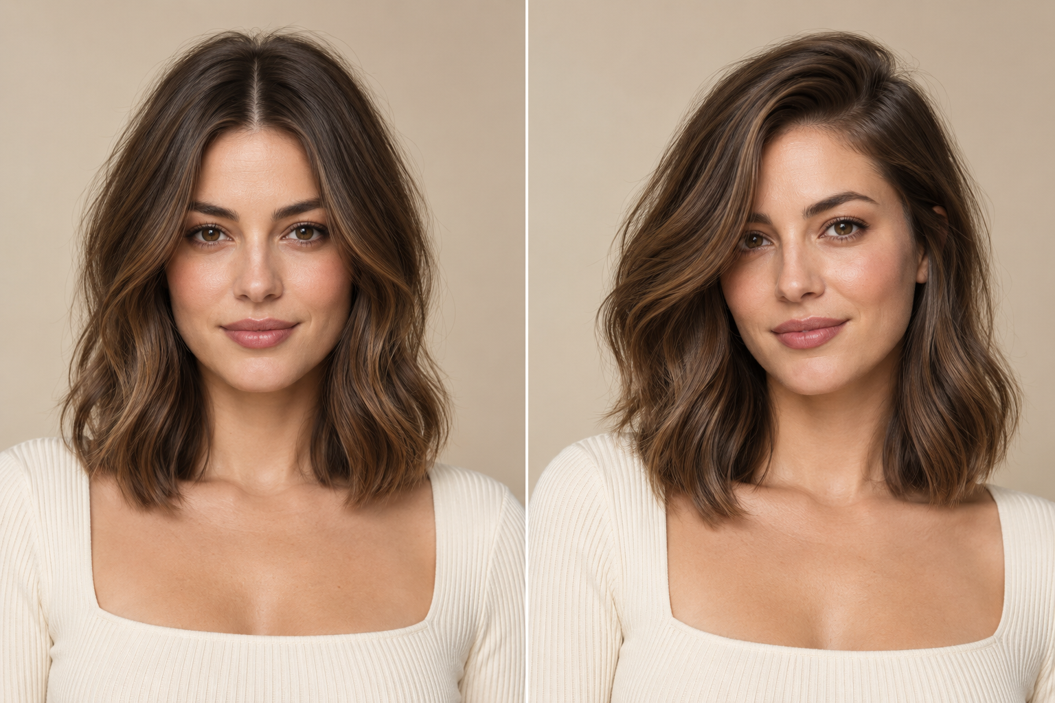 Same shoulder-length haircut shown with a middle part and a deep side part to compare volume and shape