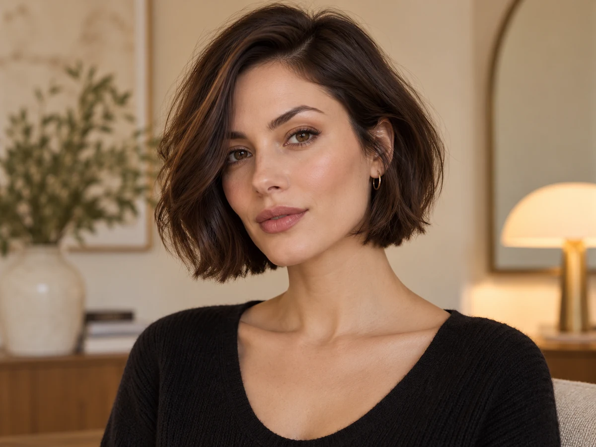 Woman with a short brunette bob showing a softly stacked back and clean nape