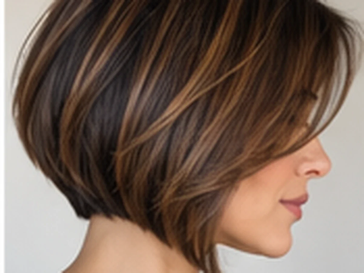 Back view of a stacked brunette bob with graduated layers and a rounded crown