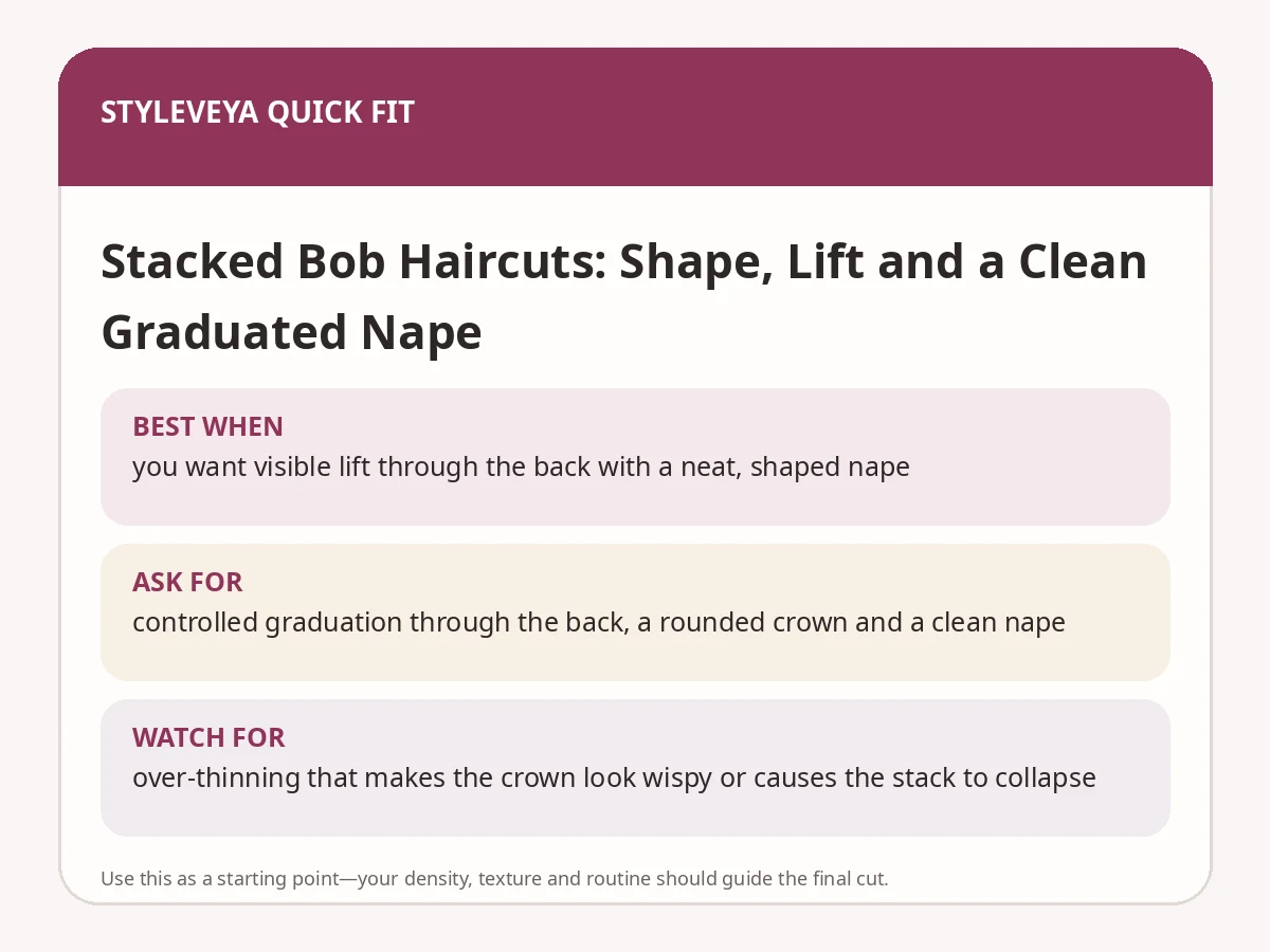 StyleVeya quick-fit summary for Stacked Bob Haircuts: Shape, Lift and a Clean Graduated Nape