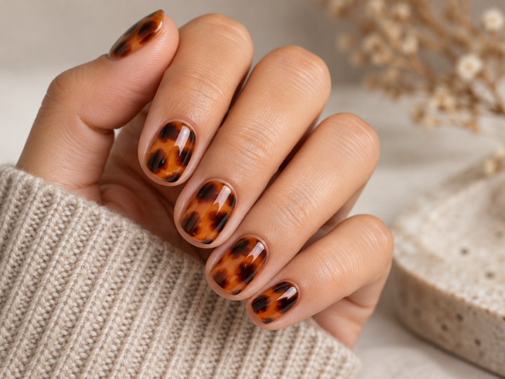 Short rounded nails with layered amber, caramel and dark brown tortoiseshell pattern