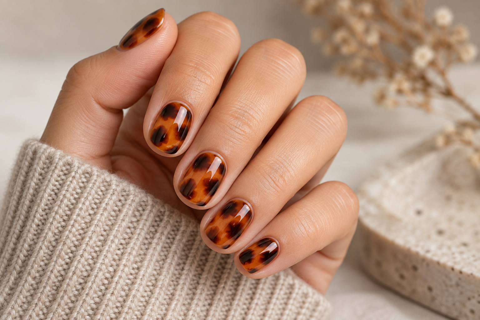 Short rounded nails with layered amber, caramel and dark brown tortoiseshell pattern