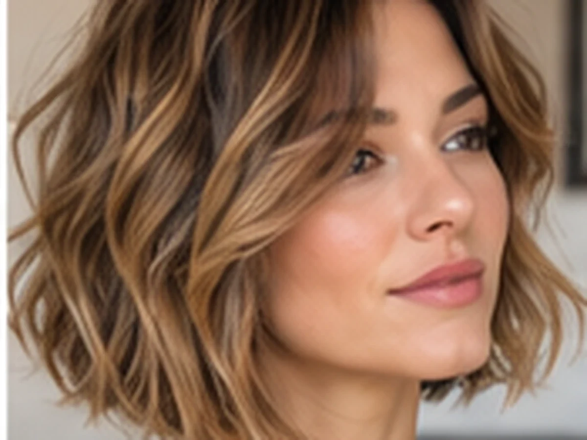 Woman with a softly wavy brunette bob and natural side volume