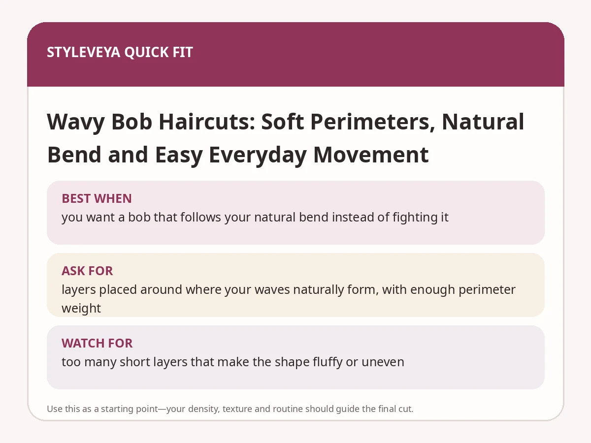 StyleVeya quick-fit summary for Wavy Bob Haircuts: Soft Perimeters, Natural Bend and Easy Everyday Movement