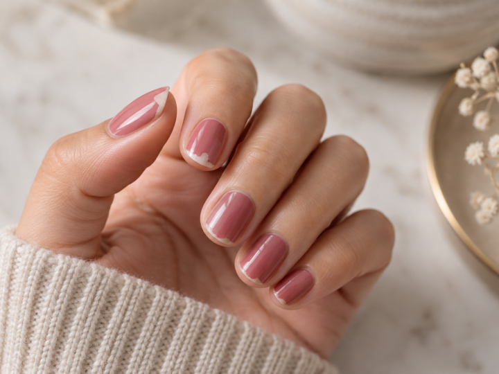 Dusty rose manicure with visible polish chipping along the free edges of several short nails