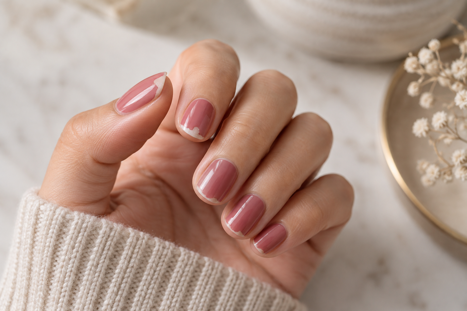 Dusty rose manicure with visible polish chipping along the free edges of several short nails